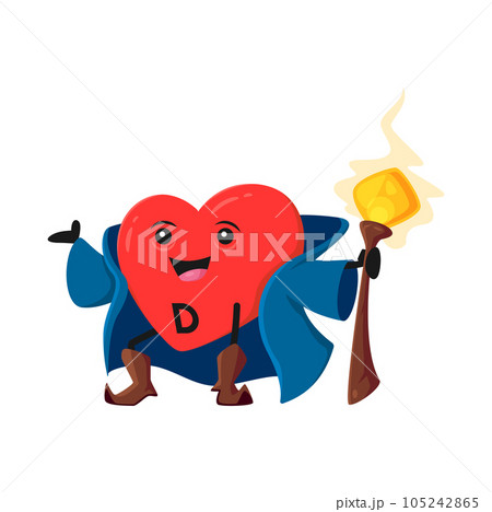 Cartoon vitamin D sorcerer character, calciferol micronutrient wizard, magician or sorcerer. Isolated vector heart shaped capsule mage, food supplement drug personage casting spell with magic staff Cartoon vitamin D sorcerer character, calciferol micronutrient wizard, magician or sorcerer. Isolated vector heart shaped capsule mage, food supplement drug personage casting spell with magic staff 105242865