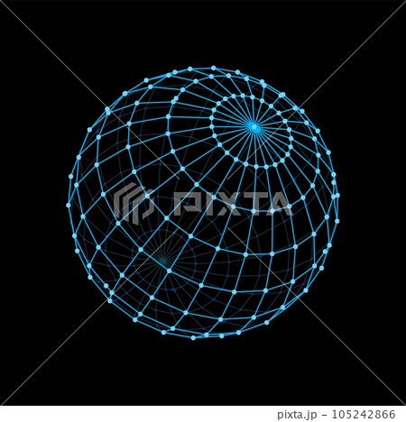 3d wireframe sphere and futuristic ball shape. Virtual wireframe model, futuristic blue wire vector model, data visualization dimensional grid sphere hologram. Digital technology geometric ball 105242866