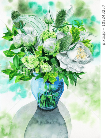 水彩画 花瓶に生けた花 アナログ水彩花瓶に生けた白とグリーン系のフラワーアレンジメントの