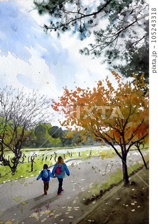 水彩画 親子の公園散歩 風景画 水彩画 #デッサン #散歩 #wartercolor