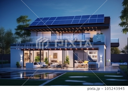 ソーラーパネルが設置された住宅　AI生成画像　AI画像 105243945