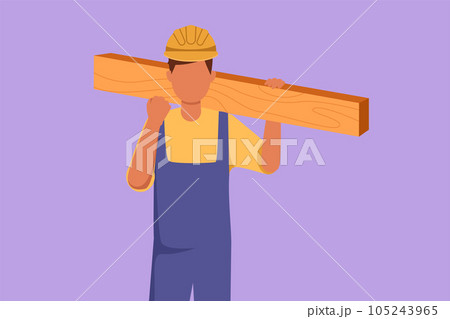 Cartoon flat style drawing carpenter carrying wooden board with celebrate gesture and working in his workshop making wooden products. Skills in using carpentry tool. Graphic design vector illustration 105243965