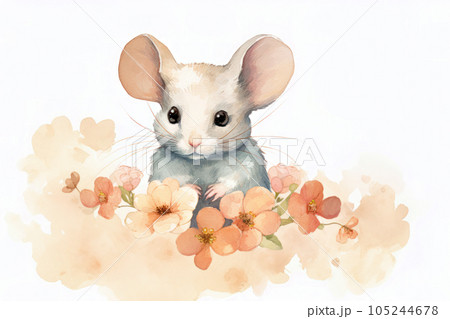 小さな花とかわいいネズミのキャラクター 105244678