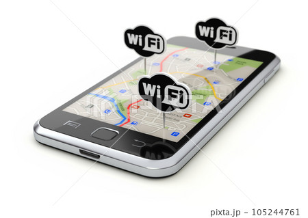 Wifi zone concept with wifi boards and mobile with abstract city map Wifi zone concept with wifi boards and mobile with abstract city map 105244761