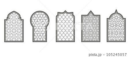 Ramadan window with pattern. Arabic frame of mosque door. Islamic design template. Vector oriental decoration with ornament. 105245057