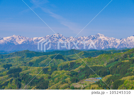 長野県　新緑映える鬼無里と残雪の後立山連峰の山並み 105245310