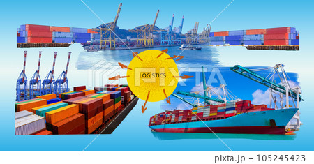 Industrial container cargo freight ship for import or export in port. Abstract design background, trucks and transport. Highway and delivering. Logistics concept 105245423