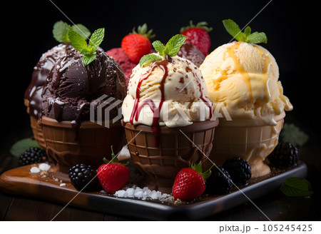 Ice cream scoops in waffle cones with berries and mint on wooden background 105245425