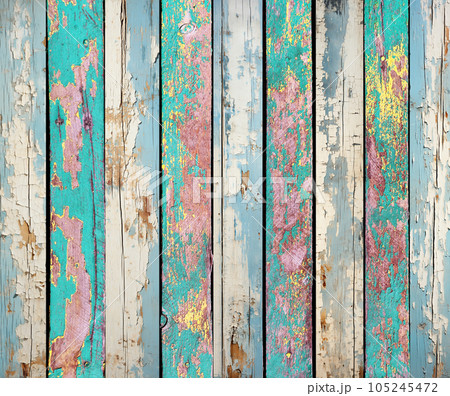 Texture of vintage wood boards with cracked paint of yellow, blue and green color. Horizontal retro background with old wooden plank of different colors 105245472