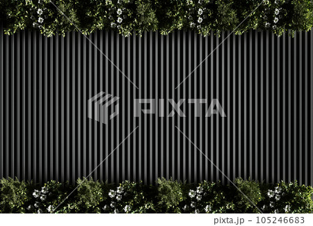 Interior design, rendering of a modern wall seamless pattern with vertical black slats and vertical garden for product display, logo mockup, etc. 105246683