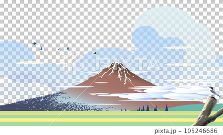 富士山腳下的野鳥和雲彩背景圖 105246686