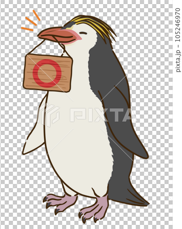 丸マークを描いた看板をくわえるロイヤルペンギン 丸マークを描いた看板をくわえるロイヤルペンギン 105246970