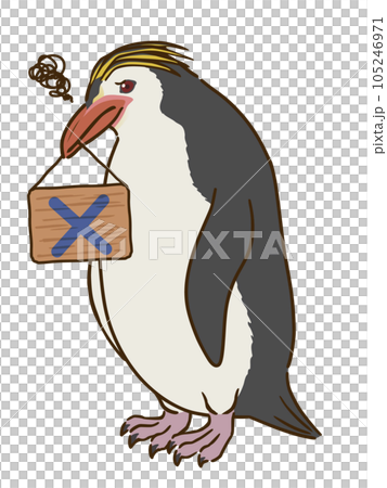 A royal penguin holding a sign with a cross mark in its mouth A royal penguin holding a sign with a cross mark in its mouth 105246971
