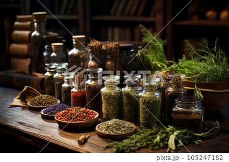 Ethnoscience. Table with different herbs and spices in an old pharmacy. Herbal medicine. generative AI 105247182