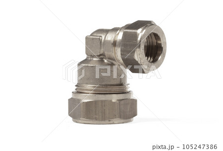 Steel fitting for plumbing pipes, connector for two different sizes, 90 degree angle 105247386