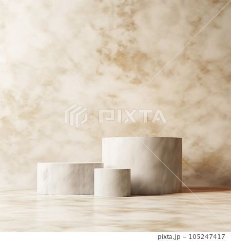 白と金色のマーブル模様の床と壁と白い三つの円柱の展示台がある抽象正方形テンプレート。AI生成画像 105247417