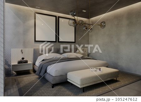 Modern bedroom interior design contemporary, with natural tones on the room, walls, floor and ceiling. rendering illustration Modern bedroom interior design contemporary, with natural tones on the room, walls, floor and ceiling. rendering illustration 105247612