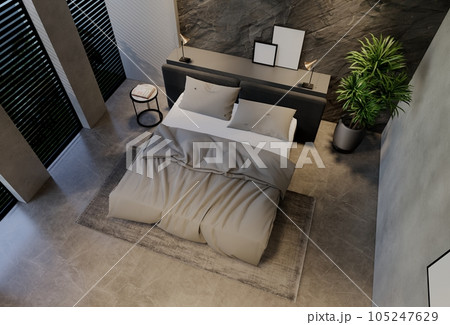 Modern bedroom interior design contemporary, with natural tones on the room, walls, floor and ceiling. rendering illustration 105247629