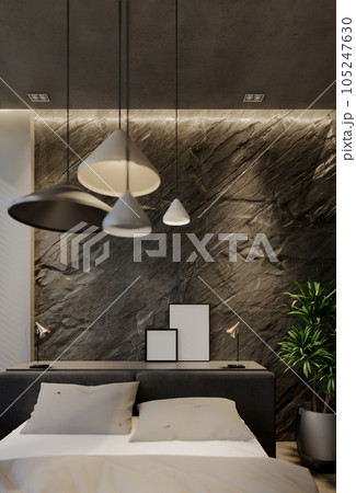 Modern bedroom interior design contemporary, with natural tones on the room, walls, floor and ceiling. rendering illustration 105247630
