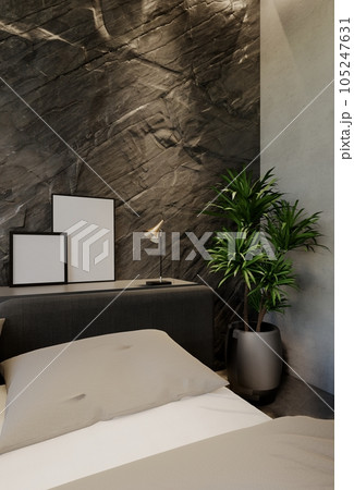 Modern bedroom interior design contemporary, with natural tones on the room, walls, floor and ceiling. rendering illustration 105247631