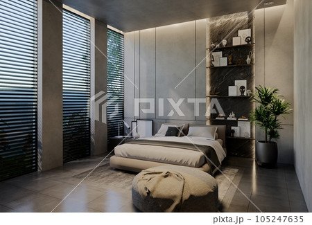 Modern bedroom interior design contemporary, with natural tones on the room, walls, floor and ceiling. rendering illustration 105247635
