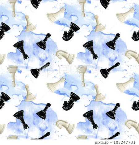 Chess black and white pieces on blue watercolor splashes on white background with pawns, knights, bishops and rook for wrapping paper and club brochures design 105247731