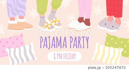 Pajama party invitation banner. Cartoon slippers, girls legs in footwear. Foots in fluffy cozy slipper and pillows. Racy vector sleepy background 105247872