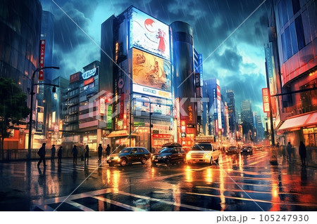 アニメ風の雨降る東京の夜景：AI作品のイラスト素材 [105247930] - PIXTA