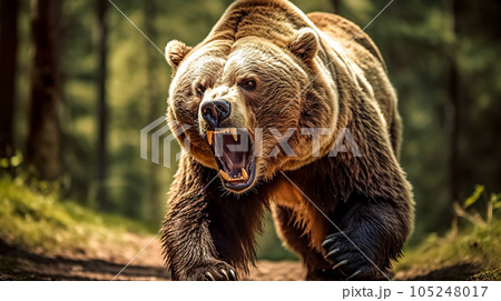 large brown angry running bear in the green forest, made with Generative AI 105248017