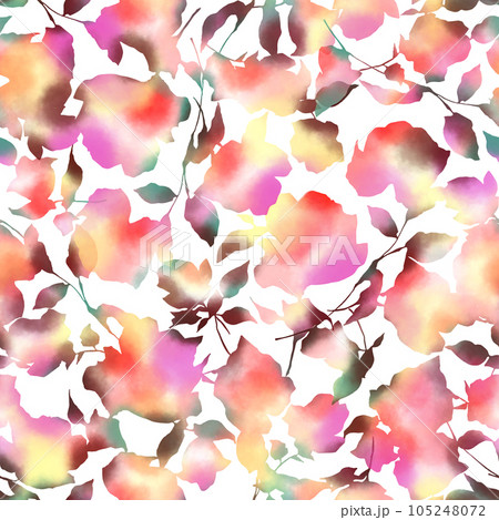 水彩画の技法で描いたシームレスな抽象花柄, 105248072