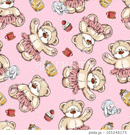 Seamless pattern with teddy bears girlish hand drawn vector illustration. 105248173