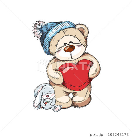 Colorfull watercolor hand drawn funny teddy bear boy with red heart, vector sketch bear doll isolated illustration 105248178