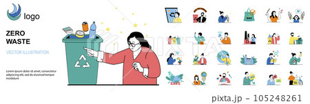 Zero waste concept with character situations mega set. Bundle of scenes people sorting garbage, reusable and recycling, take care of environment and ecology. Vector illustrations in flat web design Zero waste concept with character situations mega set. Bundle of scenes people sorting garbage, reusable and recycling, take care of environment and ecology. Vector illustrations in flat web design 105248261