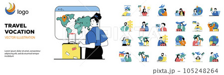 Travel vacation concept with character situations mega set. Bundle of scenes people traveling, hiking in excursion trips, choosing destinations for journey. Vector illustrations in flat web design Travel vacation concept with character situations mega set. Bundle of scenes people traveling, hiking in excursion trips, choosing destinations for journey. Vector illustrations in flat web design 105248264