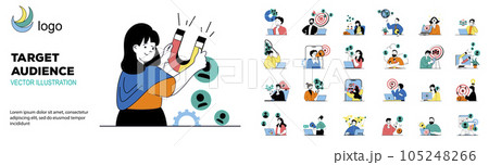 Target audience concept with character situations mega set. Bundle of scenes people study focus group, creating customer attraction campaign, sales generation. Vector illustrations in flat web design 105248266