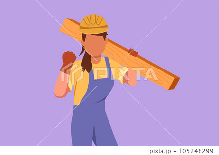 Graphic flat design drawing female carpenter carrying wooden board with celebrate gesture, working in workshop making wooden product. Skills in using carpentry tool. Cartoon style vector illustration Graphic flat design drawing female carpenter carrying wooden board with celebrate gesture, working in workshop making wooden product. Skills in using carpentry tool. Cartoon style vector illustration 105248299