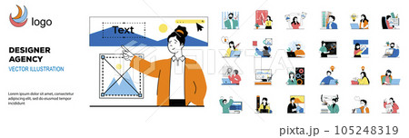 Designer agency concept with character situations mega set. Bundle of scenes people creating art projects and branding, making logos, selecting colors palette. Vector illustrations in flat web design Designer agency concept with character situations mega set. Bundle of scenes people creating art projects and branding, making logos, selecting colors palette. Vector illustrations in flat web design 105248319