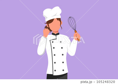 Graphic flat design drawing female chef holding egg beater with celebrate gesture, tasting delicious cake. Wearing uniform ready to cook food for guest in restaurant. Cartoon style vector illustration 105248320