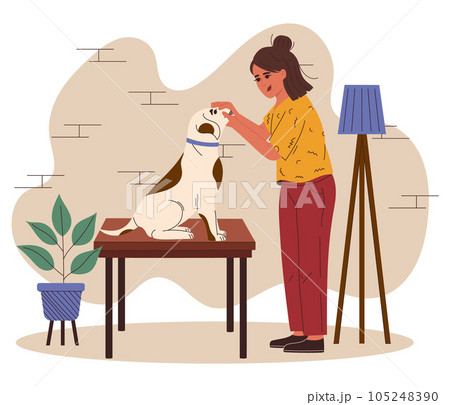 Veterinarian looks at the dog's teeth. Veterinary doctor appointment. Raising awareness of oral hygiene for dogs. Dog dental health. Canine dental care and hygiene concept. Vector illustration Veterinarian looks at the dog's teeth. Veterinary doctor appointment. Raising awareness of oral hygiene for dogs. Dog dental health. Canine dental care and hygiene concept. Vector illustration 105248390