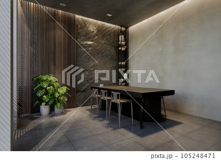 Modern dining room interior design contemporary, with natural tones on the room, walls, floor and ceiling. rendering illustration 105248471