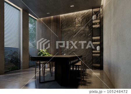 Modern dining room interior design contemporary, with natural tones on the room, walls, floor and ceiling. rendering illustration Modern dining room interior design contemporary, with natural tones on the room, walls, floor and ceiling. rendering illustration 105248472