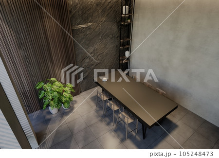 Modern dining room interior design contemporary, with natural tones on the room, walls, floor and ceiling. rendering illustration 105248473