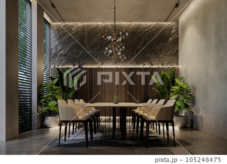Modern dining room interior design contemporary, with natural tones on the room, walls, floor and ceiling. rendering illustration Modern dining room interior design contemporary, with natural tones on the room, walls, floor and ceiling. rendering illustration 105248475