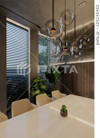 Modern dining room interior design contemporary, with natural tones on the room, walls, floor and ceiling. rendering illustration Modern dining room interior design contemporary, with natural tones on the room, walls, floor and ceiling. rendering illustration 105248482