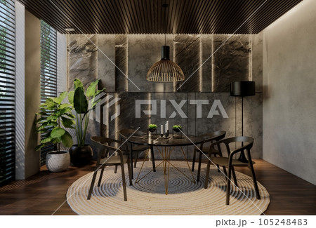 Modern dining room interior design contemporary, with natural tones on the room, walls, floor and ceiling. rendering illustration 105248483