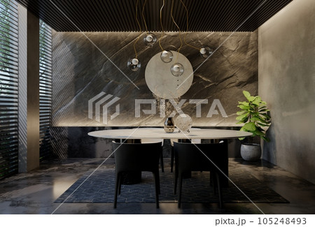 Modern dining room interior design contemporary, with natural tones on the room, walls, floor and ceiling. rendering illustration Modern dining room interior design contemporary, with natural tones on the room, walls, floor and ceiling. rendering illustration 105248493