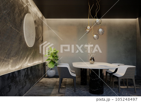 Modern dining room interior design contemporary, with natural tones on the room, walls, floor and ceiling. rendering illustration 105248497