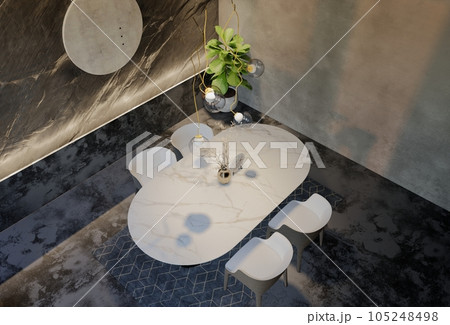 Modern dining room interior design contemporary, with natural tones on the room, walls, floor and ceiling. rendering illustration Modern dining room interior design contemporary, with natural tones on the room, walls, floor and ceiling. rendering illustration 105248498
