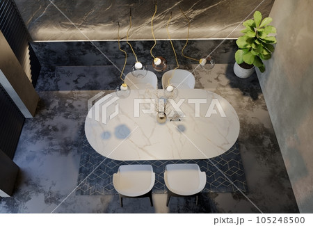 Modern dining room interior design contemporary, with natural tones on the room, walls, floor and ceiling. rendering illustration 105248500