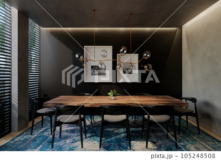 Modern dining room interior design contemporary, with natural tones on the room, walls, floor and ceiling. rendering illustration Modern dining room interior design contemporary, with natural tones on the room, walls, floor and ceiling. rendering illustration 105248508